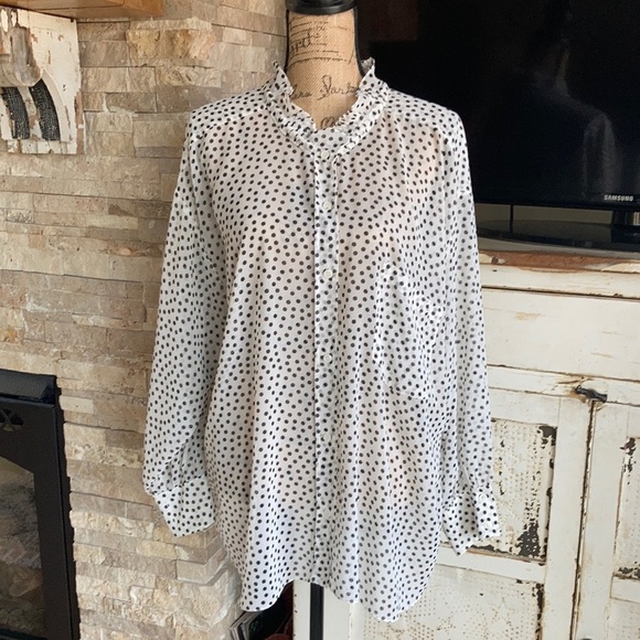 Zara oversized white sheer blouse black polka dots high ruffle neck button down - Picture 1 of 15